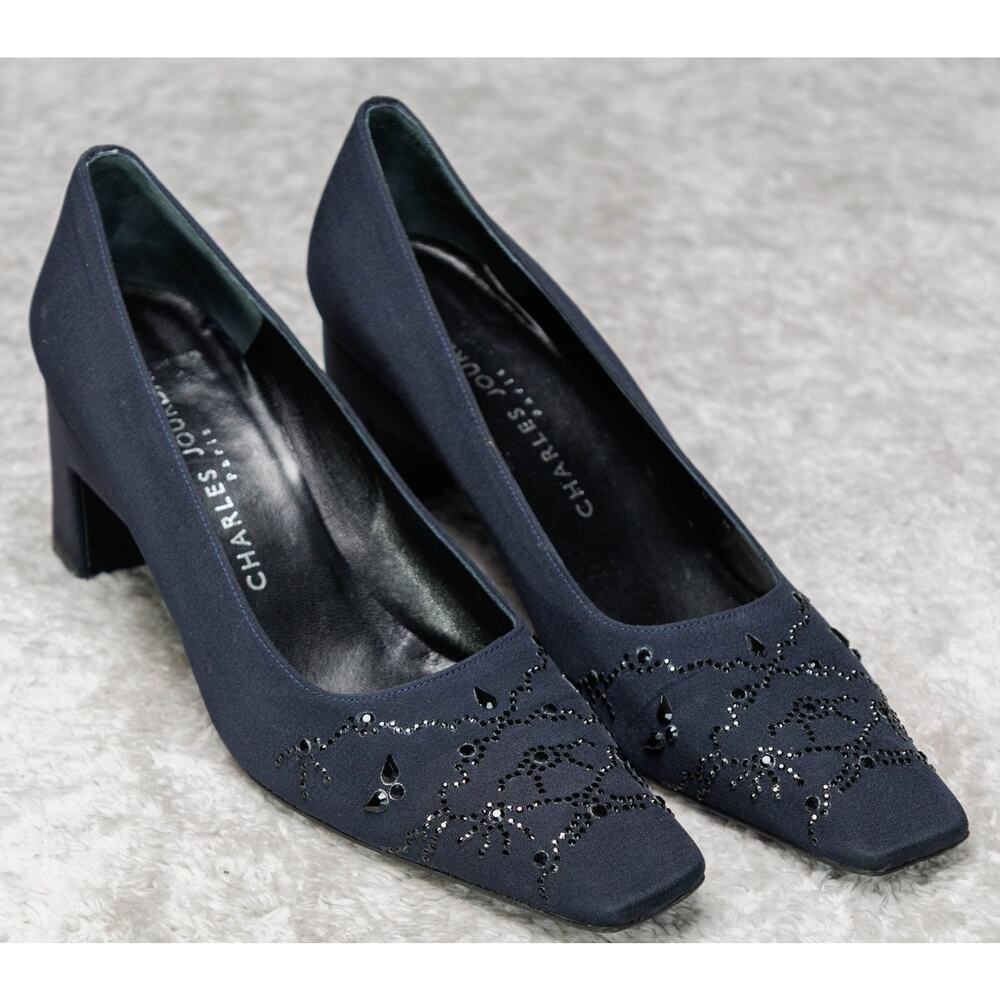 Charles Jourdan Vintage Navy Beaded Embellished Square Toe Pumps Womens Size 8